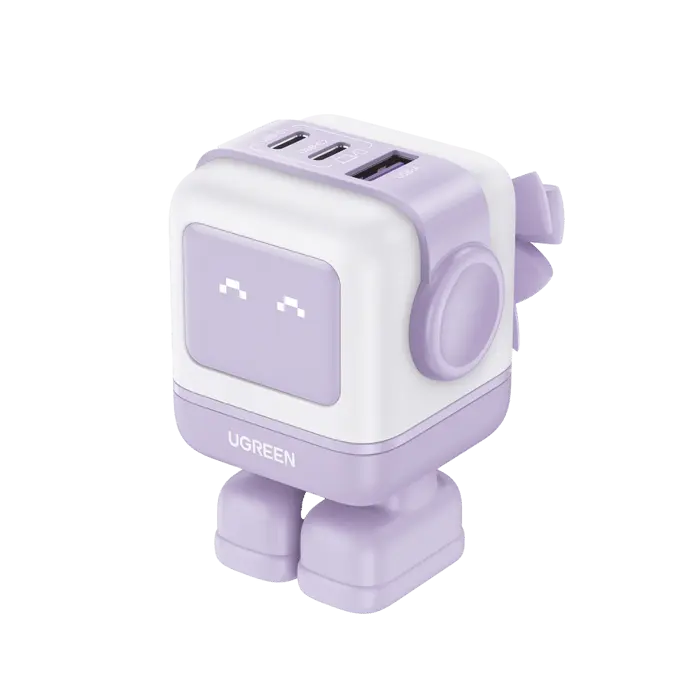 Cargador RobotGaN de 65W Serie UNO | 3 Puertos de Carga Rápida | 2 USB-C | 1 USB-A | PD 3.0 | QC 4.0 | Carga Inteligente | Tecnología GaN II | Zapato Magnético Extraíble | Carcasa Ignifuga | Pantalla LED. 