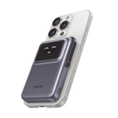 Power Bank Serie UNO Inalambrico | 10000mAh | 7.5W/20W  |  Con Emojis de Estado | Carga Rápida USB-C Bidireccional  | Pantalla TFT  Inteligente | Con Holder | Color Grey.