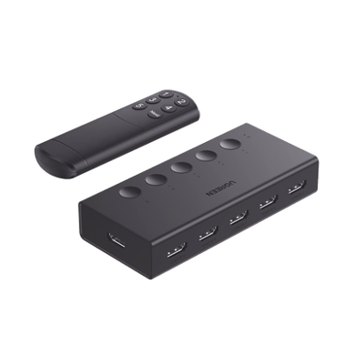 [90512] Conmutador HDMI 5X1 | 4K@60Hz | HDMI 2.0, 1.4 |  HDCP 2.2, 1.4 | VRR | Dynamic HDR | 3D | CEC | EDID | IR 10m | 18Gbps | Cambio Manual y por Control Remoto |  Incluye Cable de Alimentación USB.