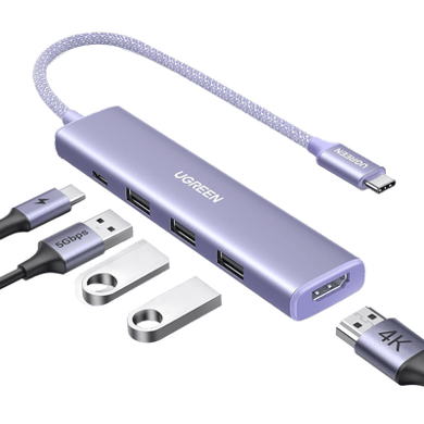 [35582] HUB USB-C (Docking Revodok) 5 en 1 | HDMI 2.0 4K@30Hz | 3 USB-A 3.0 (5Gbps) | USB-C PD Carga 100W | Chip de Última Generación | Cable de Nylon Trenzado de 25 cm | Carcasa de Aluminio | Color Morado.