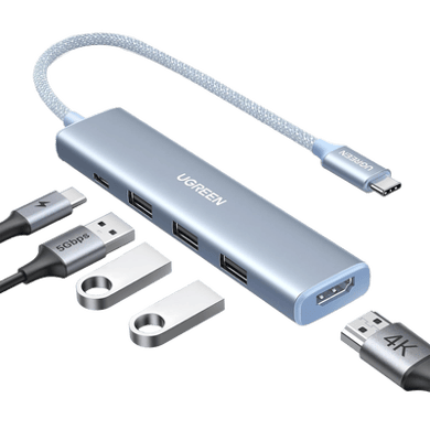 [35581] HUB USB-C (Docking Revodok) 5 en 1 | HDMI 2.0 4K@30Hz | 3 USB-A 3.0 (5Gbps) | USB-C PD Carga 100W | Chip de Última Generación | Cable de Nylon Trenzado de 25 cm | Carcasa de Aluminio | Color Azul.