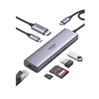[60515] HUB USB-C (Docking Station) 7 en 1 | 2 USB-A 3.0 (5Gbps) | 1 USB-C PD Carga 100W | HDMI 4K@60Hz | RJ45 (Gigabit Ethernet) | Lector Tarjetas SD + Micro SD (TF) Uso Simultáneo | Cable de Nylon Trenzado | Caja de Aluminio.