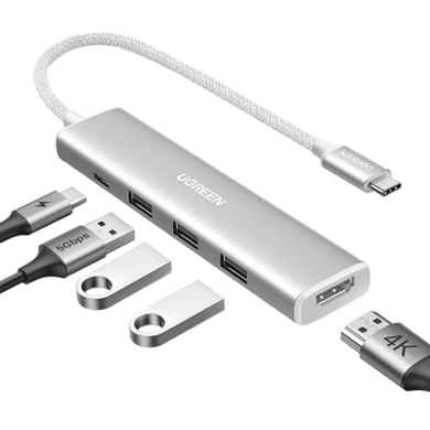 [35580] HUB USB-C (Docking Revodok) 5 en 1 | HDMI 2.0 4K@30Hz | 3 USB-A 3.0 (5Gbps) | USB-C PD Carga 100W | Chip de Última Generación | Cable de Nylon Trenzado de 25 cm | Carcasa de Aluminio | Color Blanco.