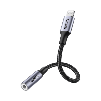 [30756] Adaptador de Auriculares Lightning a 3.5mm | Certificado MFI | 100% compatible con dispositivos Apple | Ideal para llamadas, Música y Control de Línea | Caja de Aluminio | Nylon Trenzado | Blindaje Múltiple | Cable de 10cm.