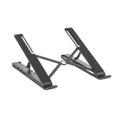 [80551] HUB (Docking Station) 5 en 1 con Soporte para Laptop | 2 USB 3.0 a 5Gbps | HDMI 4K@30Hz | Memoria Micro SD (TF) + SD | Amplia Compatibilidad de 10-15 | Ajuste de Altura | Aluminio | PC+ABS | Silicona | Color Negro.