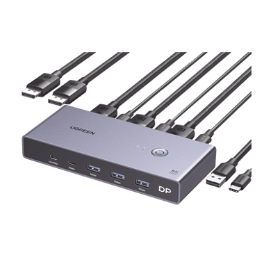 Conmutador KVM DisplayPort 8K | DP 1.4 | 2 Entradas 1 Salida | 4 Puertos USB 3.0 (3 USBA *1 USBC) | Soporta 8K@60Hz | HDR | Control de Escritorio | Carcasa de Aluminio | Indicador Led | Compatible Win, MacOs y Linux.