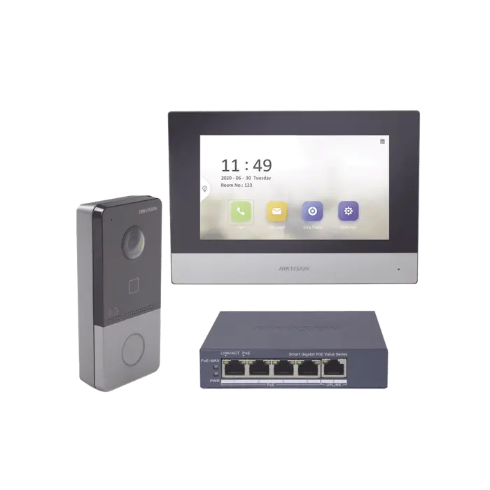 Kit de Videoportero IP + Switch Poe Poe Estandar con llamada a App de Smartphone (HikConnect) / Apertura con tarjeta MIFARE / Frente de calle IP65 / Soporta 1 Departamento 