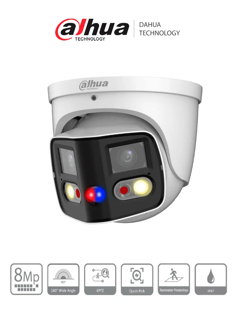 Cámara IP WizSense Eyeball con multivisión en dos sensores de 4MP, ofreciendo un ángulo de 180°. Con IR de 25 m, LED de 20 m, disuasión activa, ePTZ, micrófono, altavoz, y protección IP67.