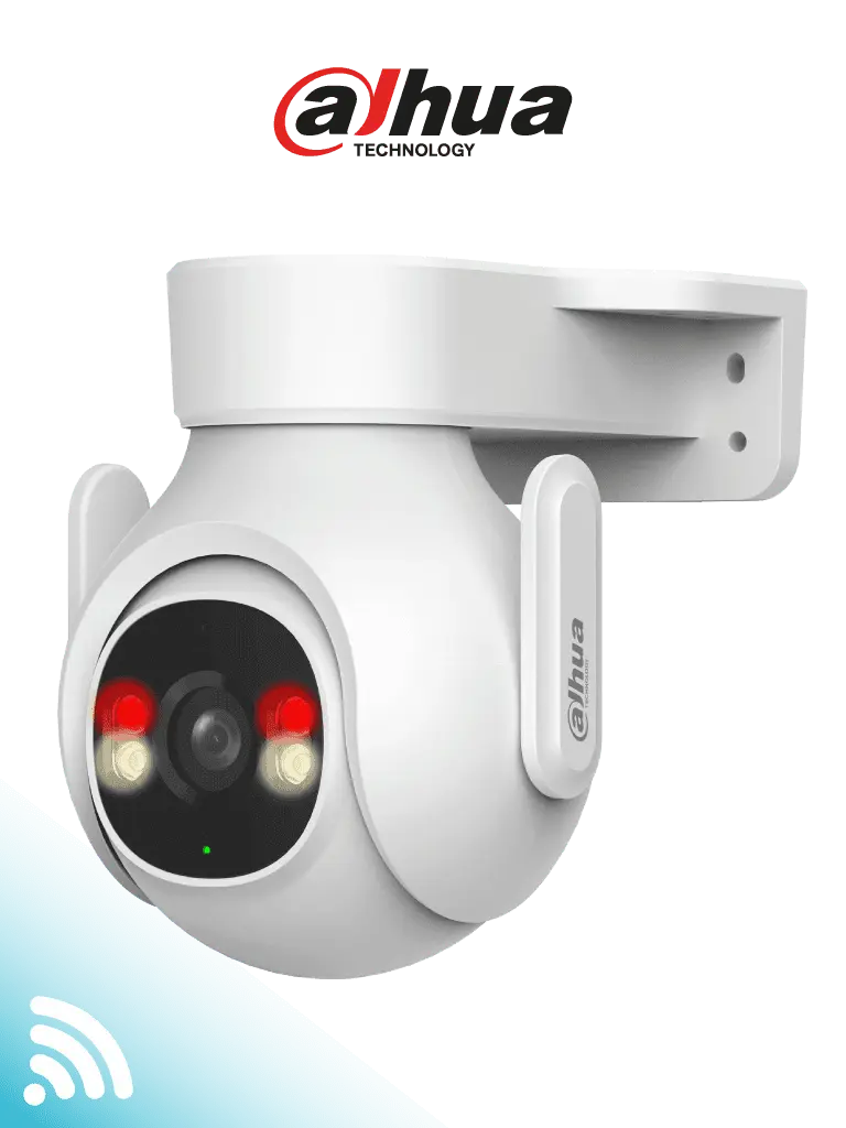 Cámara IP PT WiFi de 5 Megapíxeles con audio bidireccional (micrófono y altavoz), sirena de 110dB, WiFi 6, detección de personas y vehículos, IP65 y ranura MicroSD.