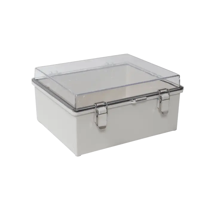 Gabinete Plástico ABS, Puerta Transparente, Uso en Intemperie (300 x 300 x 180 mm) Cierre por Broches Inoxidables y Permite Cerrado con Candado y Llave (Perno 5mm) No Incluido 