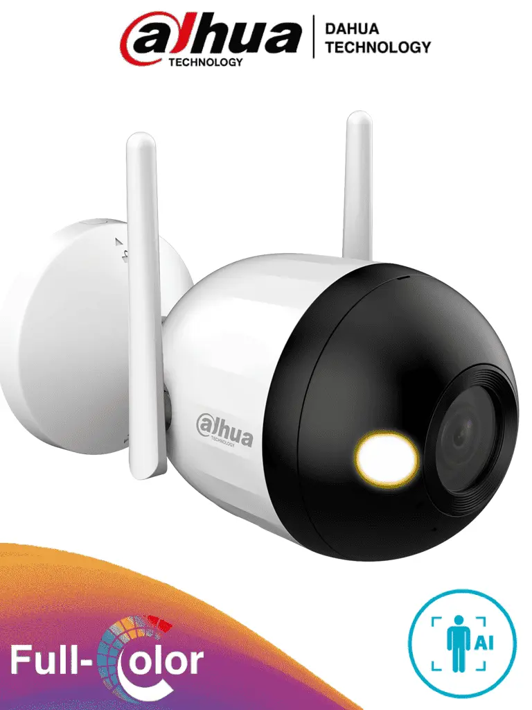 [DH-F4C-LED] Cámara IP Bullet Wifi de 4 Megapíxeles/ Full Color/ Microfono Integrado/ 30 Mts de Luz Visible/ Ranura para MicroSD/ IA con Detección de Humanos/ IP67