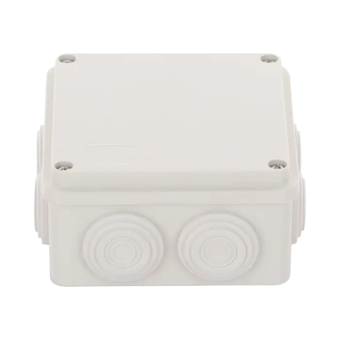 [PST-1010-ER] Caja Derivación-Conexión de Plástico (100 X 100 X 54 mm) con 7 Glándulas de Goma. Incluye Tornillería para su Tapa. 