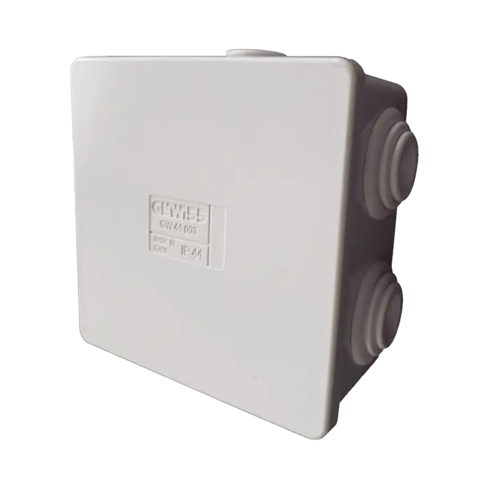 Caja de derivación de PVC Autoextinguible con 6 entradas, tapa a presión, 80x80x40 MM (Medidas internas, mayor área permisible para el cable, Para instalación al exterior (IP44) 