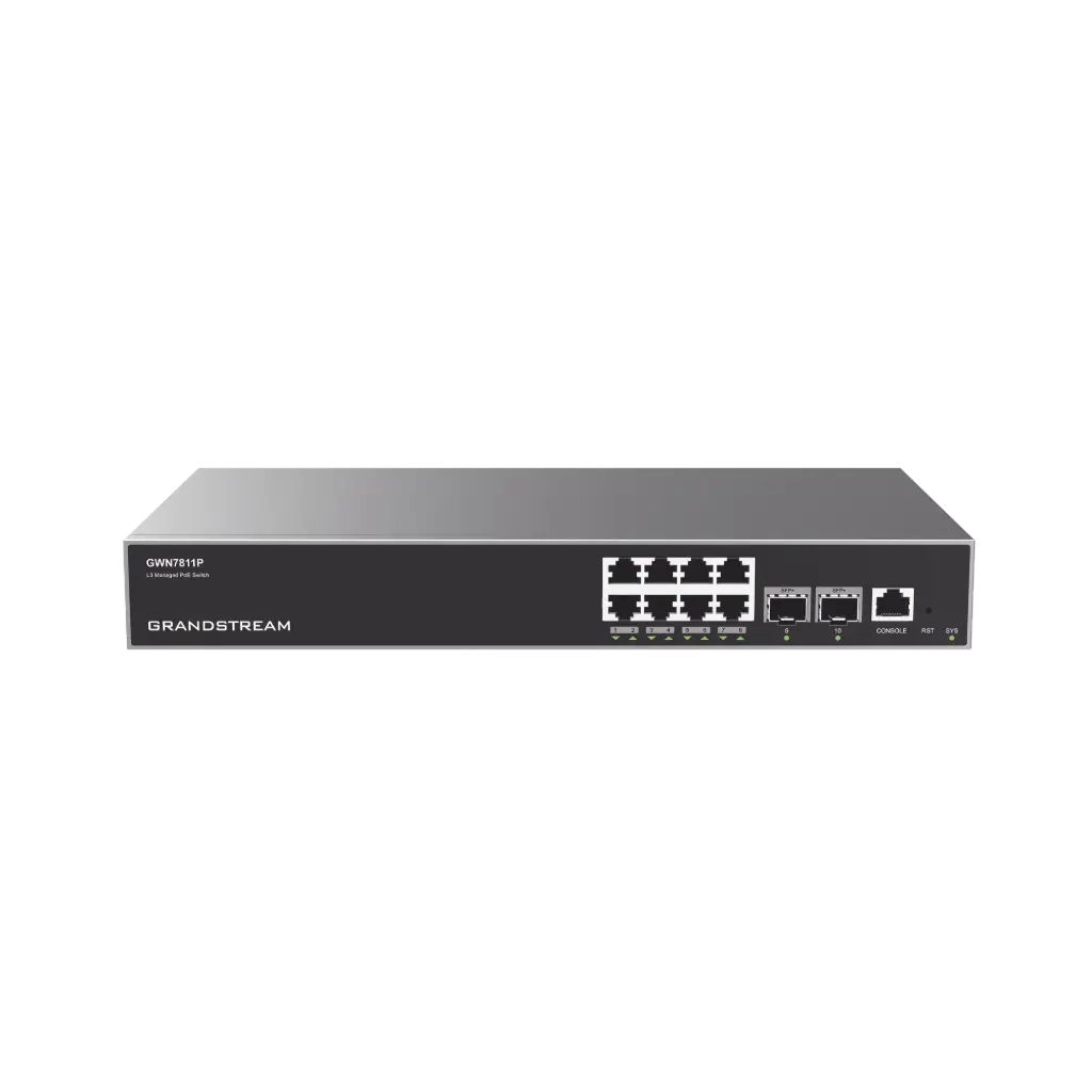Switch Capa 3 PoE+ Administrable / 8 puertos 10/100/1000 Mbps + 2 Puertos SFP+ de 10 Gigabits / Hasta 120W / Compatible con GWN Cloud. 