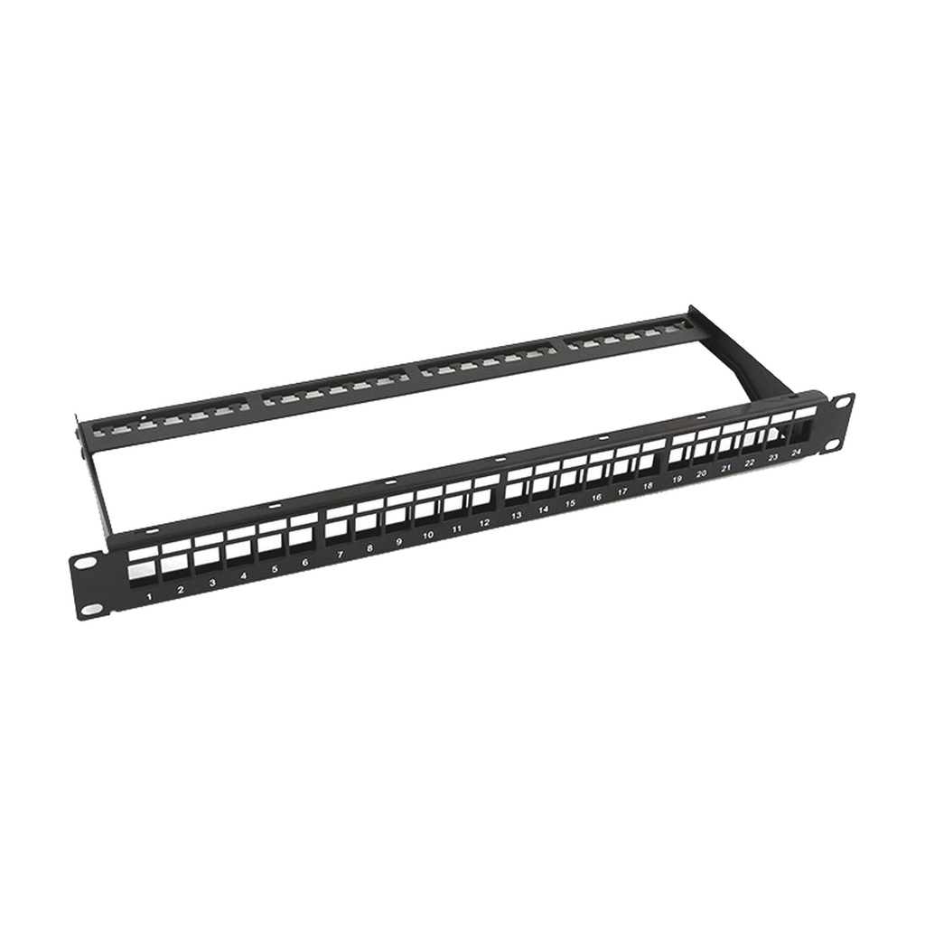 [LP-PP-23-UTP-BK-24P] Patch panel modular sin blindaje de 24 puertos, 1U, con barra para organizar cable