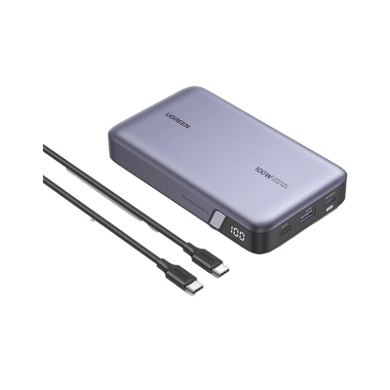 [25188] Power Bank de 20000mAh | 3 Salidas 100W Max. | USB-A + 2 USB-C | PD 3.0 | QC3.0 | FCP | SCP | Pantalla Inteligente | Carcasa Ignifuga | Color Gris | Incluye Cable USB de 50cm | Carga tu Laptop de Manera Segura.