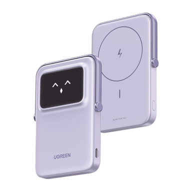 [45328] Power Bank Serie UNO Inalambrico | 10000mAh | 7.5W/20W  |  Con Emojis de Estado | Carga Rápida USB-C Bidireccional  | Pantalla TFT  Inteligente | Con Holder | Color Purple.