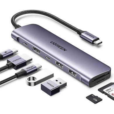 [15214] HUB USB-C (Docking Revodok) 7 en 1 | 2 USB-A 3.0 | 1 USB-C 3.0 (5Gbps) | 1 USB-C PD Carga 100W | HDMI 4K | Lector Tarjetas SD + Micro SD (TF) Uso Simultáneo | Chip de Última Generación | Cable de Nylon Trenzado | Caja de Aluminio.
