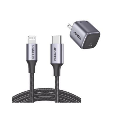 [90902US304] Kit de Cargador de 20w Tecnología GaN y Cable Lightning Certificado MFi / Incluye 1 Pza. 90902 / 1 Pza. 60759 / Tecnología Inteligente / Carga Rápida / Cable de 1 Metro / Carcasa de Aluminio / Nylon Trenzado