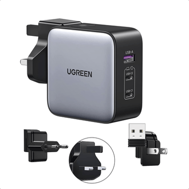 [90409] Cargador Universal de Viaje 65W | Contiene 3 Enchufes Internacionales (EU/UK/US) | Serie Nexode | 3 Puertos de Carga Rápida | 2 USB-C | 1 USB-A | Tecnología GaN II | PD 3.0 | QC 4.0 | Carga Inteligente | Carcasa Ignifuga