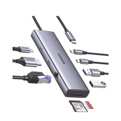 [15375] HUB USB-C (Docking Revodok) 9 en 1 | 2 USB-A 3.0 (5Gbps) | 2 USB-C (5Gbps) | USB-C PD Carga 100W | HDMI 4K@60Hz | RJ45 (Gigabit Ethernet) | Lector Tarjetas SD + Micro SD (TF) Simultáneo | Chip de Última Generación | Caja de Aluminio.