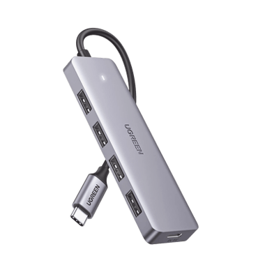 [70336] HUB USB-C 3.0 4 EN 1 | 4 Puertos USB-A (5Gbps) | Carcasa ABS + PC | Soporta OTG | Luz Indicadora LED | Compatible con iPhone 15 Pro MAX) | Interfaz Niquelada | Color Gris Metalizado | Cable de 15cm.