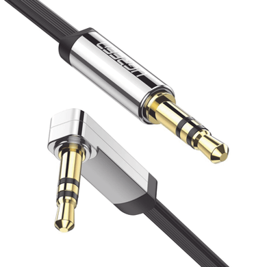 [10599] Cable Auxiliar Plano 2 Metros / Conector 3.5mm a 3.5mm / Macho-Macho / Recto a Angulo / Ángulo de 90° en una de sus Puntas / Color Negro
