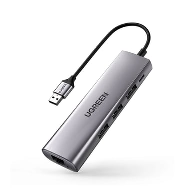 [60812] HUB USB-A (Docking Station) 5 en 1 | 3 USB-A 3.0 (5Gbps) | 1 RJ45 (Gigabit Ethernet) | Entrada Micro USB | Luz Indicadora LED | Doble Chip de Última Generación | Caja ABS + PC | Interfaz Niquelada | Color Gris Metalizado.