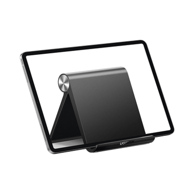 [50748] Soporte de Escritorio para Tablet /  Ajustable de 0° a 100° / Goma Antiarañazos / Antideslizante / Amplia Compatibilidad con dispositivos de 4'' a 13'' / Plegable / ABS / Color Negro