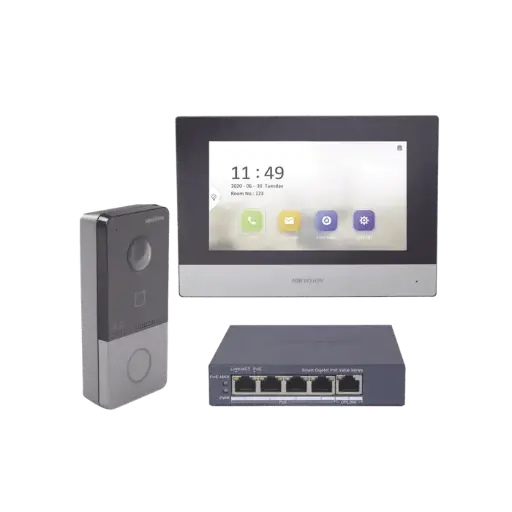 [DS-KIS603-P/S] Kit de Videoportero IP + Switch Poe Poe Estandar con llamada a App de Smartphone (HikConnect) / Apertura con tarjeta MIFARE / Frente de calle IP65 / Soporta 1 Departamento 